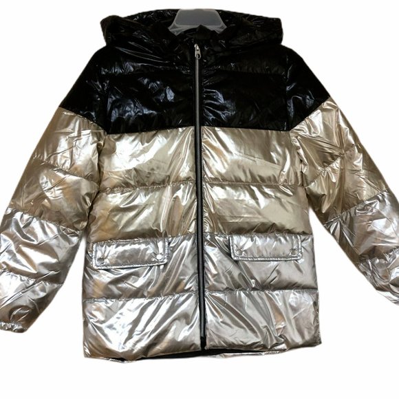 Kids Coat MNG Metallic Puffer Jacket Silver Bottom Black Top Size 13-14